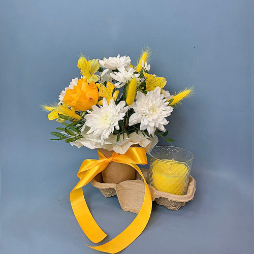 Сет "Солнечный". Набор стаканчики с цветами и аромасвечой арт. 70337