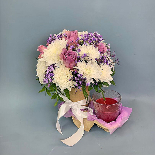 Сет Нежный". Набор стаканчик с цветами и аромасвечой арт. 70335